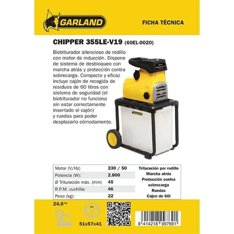 Broyeur De Bois-Bio Wood Shredder 2800W Electric Garland Yellow Black Chipper 355 Le 60El 130203 4 Broyeur De Bois-Bio Wood Shredder 2800W Electric Garland Yellow Black Chipper 355 Le 60El 130203 – Image 2